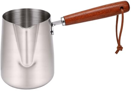 Fdit Jarra para Espumar Leche, Cacerola Compatible con Inducción de Acero Inoxidable 304 con de Madera, Olla Multiusos para Calentar Leche, Derretir Chocolate y Hacer Jarabe, Diseño (350ML)