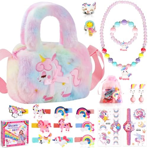 BBLTIFF Einhorn Tasche Mädchen, Schmuckset Mädchen, Einhorn Handtasche Schmuck Set, Geschenke für Mädchen, mit Tasche, Armband, Halskette, Ohrringe, Haarspange, Ring, Aufkleber