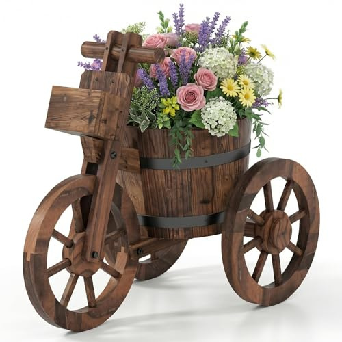 HAPPYGRILL Wooden Wagon Planter, Rustic Wood Wheelbarrow Planter w/3 Wheels