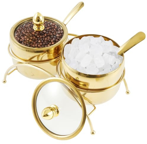 2 Set of Stainless Steel Sugar Bowl with Clear Glass Lid Modern Gold Rustproof Seasoning Box Smooth Condiment Pots Sugar Canister Reusable Spice Jar Container for Salts Candy Coffee Bean