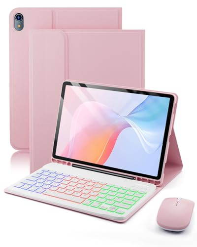 for iPad A16 11th Generation (2025) 11-inch/ iPad 10th Generation (2022) 10.9-inch Case ,with Wireless Bluetooth British Layout Tri-color Keyboard (QWERTY) and Mouse, Magnetic Design Detachable,Pink