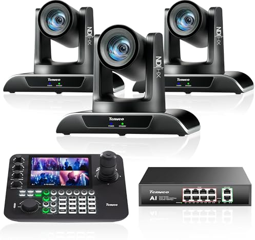 Tenveo PTZ Camera and Controller Bundle - 20X AI Auto Tracking HDMI/USB3.0/LAN(PoE) NDI PTZ Camera(3PCS) and 7'' Quad-Screen NDI Joystick Controller + PoE Switch for Church Events Live Streaming