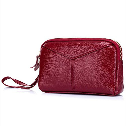 AprinCtempsD Women's Clutch Bag Genuine Leather Wristlet bag Small Handbag Zipper Wallet Purse with Wrist Strap (Wine red)