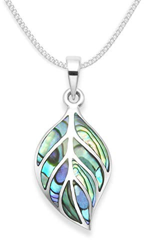 Heather Needham Silver: Sterling Silver inlaid Paua shell necklace on 16 silver chain- Pendant Size: 21 x 12mm. Gift boxed silver leaf necklace. 8330PS