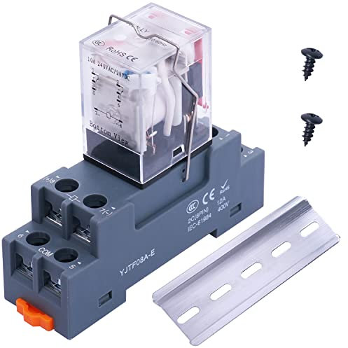 Taiss /DC 12V Indicador LED Bobina Electromagnética Relé 8 pines 10A DPDT 2NO+2NC con base de zócalo、Carril DIN Alumini、Tornillo YJ2N-LY DC 12V