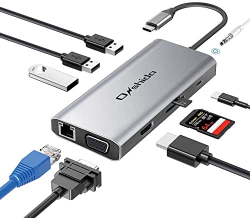 Hub USB C Adaptateur USB C 10-en-1 Onshida vers HDMI 4K, Ethernet RJ45, VGA, Type C PD 100W, 3 x USB 3.0, Lecteur de Carte SD&TF, 3.5mm AUX Jack pour Macbook Pro/Air Dell XPS Chromebook Tablette