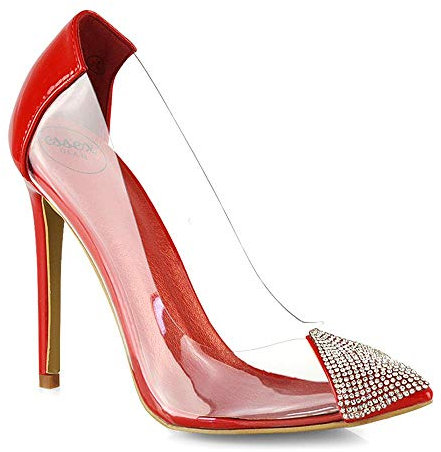 New Womens High Heel Shoes Ladies Perspex Diamante Point Toe Slip On Pumps Red Patent
