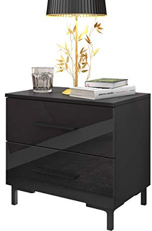 lukmebel Nachttisch LINA II mit Füßen 55x52x37 cm- LED Beleuchtung - Nachtkästchen - Schwarz/Schwarz Hochglanz - Griffe - Nachtschrank - Beistelltisch mit Schublade - Schlafzimmerschrank