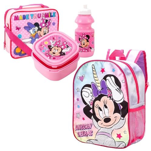 Minnie Mouse 4 Piece Set - Backpack with side pocket + Lunch bag + Lunch box + Bottle - Boys Girls School (Disney Minnie Mouse Backpack + 3 Piece Lunch Set) Backpack & Lunch Box Set For Toddlers Kids