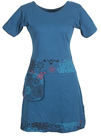 Vishes - Alternative Bekleidung - Damen Kurzarm Kleid Tunika Hippie Blumen Muster Sidebag Tasche türkis 38