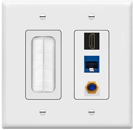 TOPGREENER Double Gang Datacomm Bundle with Multimedia Pass-Through Insert, 3-Port Keystone Jack Insert, Coaxial, Ethernet, HDMI Keystones, and 2-Gang Decorator Wall Plate, TG889173MCFH-W, White