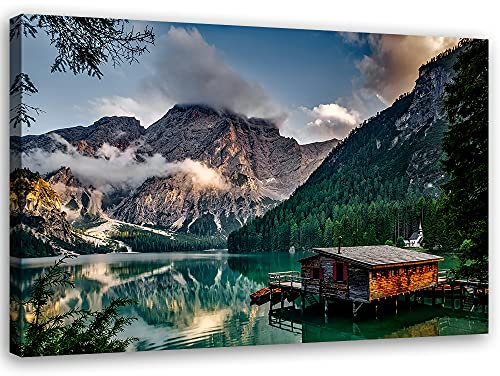 Febby Vlies Leinwandbild XXL Bergsee 80x60 cm Wandbild Kunst Bilder Schlafzimmer Deko Wohnzimmer Ạnlegestelle Felsen Wald Blau