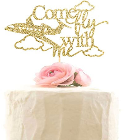 Airplane Wedding Cake Topper, Come Fly with Me Cake Toppers, Jet Plane Pilot Wedding Party Decorations, Gold Glitter