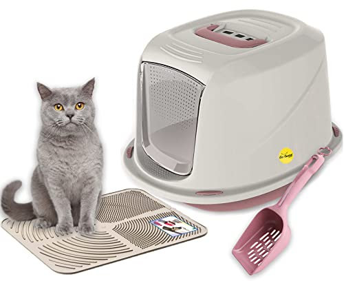 CAT CENTRE Jumbo Pink Hooded Kitten Litter Tray +Waste Scoop +Tray Mat Set Carbon Filter Large Cat Toilet Pet Box Loo Pan Starter Pack Portable Swing Flap Door Carry Handle Galaxy Easy Cleaning