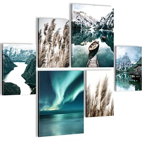 Novart Wandbilder Set Natur Berge See Aurora Grün - KEIN EXTRA RAHMEN BENÖTIGT - Modern Deko - Wohnzimmer Schlafzimmer N006263a