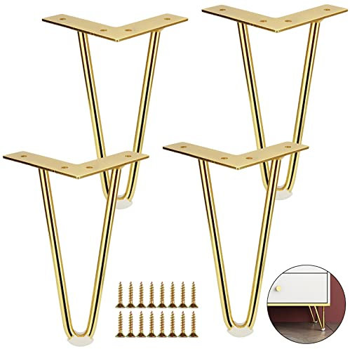 AHUNTTER Lot de 4 pieds en épingle à cheveux dorés en métal, pieds de table robustes pour canapé, armoire, meuble TV, tiroirs, bureau – avec protections de sol en caoutchouc et vis, 20 x 10 cm
