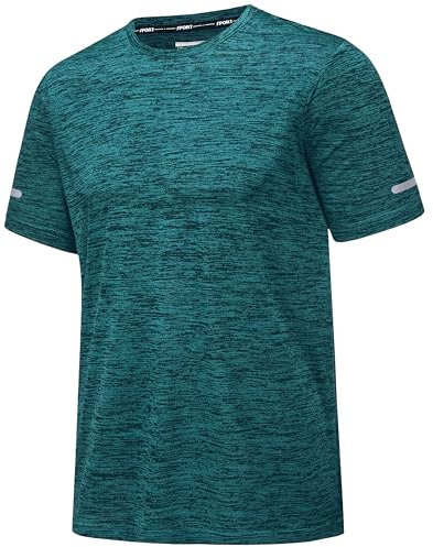 MAGCOMSEN Herren Meliert Sport T-Shirts Schnelltrocknend Funktionsshirts mit Reflektorstreifen Atmungsaktiv Wandershirt Leicht Trainingsshirt Ohne Etiketten Jadegrün 2XL