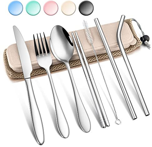 Herogo Reisebesteck Set, 9-teilig Edelstahl Campingbesteck Set, Tragbare Picknick Outdoor Besteck mit Messer Gabel Löffel Essstäbchen Metallstrohhalme, Etui & Tasche, Spülmaschinenfest
