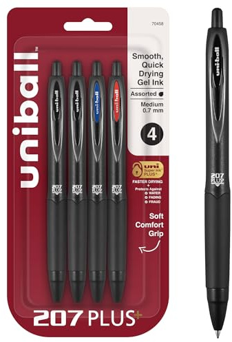 uniball™ 207 Plus+ Gel Pens, Assorted Ink, 0.7mm Medium Point, 4 Count | Retractable, Faster-Drying, Smooth Writing, Smear-Resistant, uni Super Ink™ Plus+