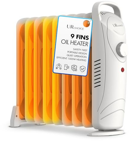 URCHOICE 1000W/1KW Portable 9 Fin Oil Filled Radiator Heater with Adjustable Thermostat, 3 Heat Settings, Overheat Protection & Silent Operation, Electric Heaters for Home & Office