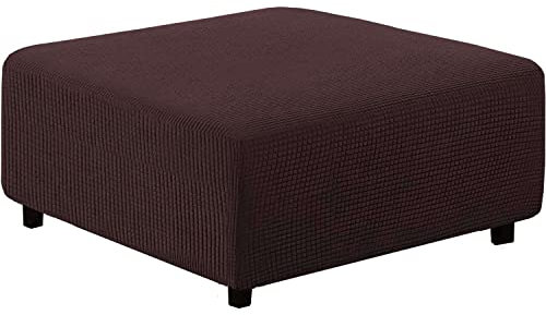 qiden Quadratischer Hockerbezug Stretch-Ottomanenbezug Plüsch, 10% Dicker großer Stretch-Hockerbezug Anti-Rutsch-Fußhocker Schonbezüge mit elastischer Unterseite-Braun-XL