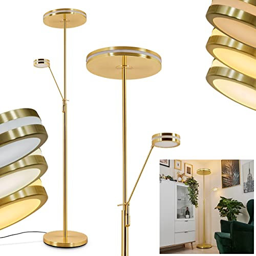 LED Stehleuchte Huallilemu, moderne Bodenlampe aus Metall/Kunststoff in Messing/Weiß/Klar, Stehlampe m. Deckenfluter u. beweglichen Lesearm, 1x LED 6,5 Watt + 1x LED 35 Watt, m. Tastdimmer am Gehäuse