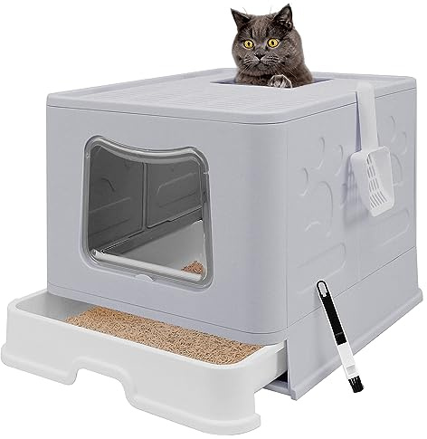Faltbare XL Katzentoilette mit Deckel, Jumbo Enclosed Cat Potty, Top Entry Anti-Splashing Cat Toilet, Leicht zu Reinigen Inklusive Katzenstreu Schaufel und 2-1 Reinigungsbürste (Grau) Extra Groß