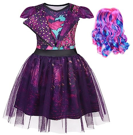 WonderBabe Descendants Kostüm für Mädchen, Drachen-Mal, ausgefallenes Tüll-Mesh-Kleid, beliebtes musikalisches Cosplay, Kinder-Outfit mit Perücke, Größe 3 bis 4T