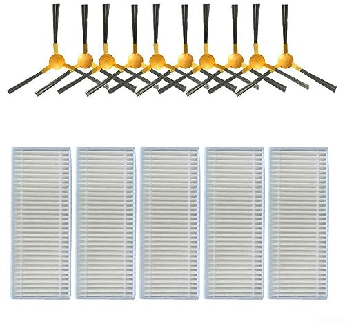 Juego de filtros de cepillos laterales para Netbot S12, para Haier T550W Robotic Vacuum Cleaner Piezas de repuesto - 5 filtros, 10 cepillos laterales