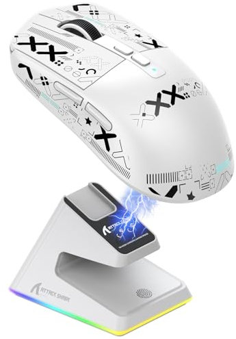 ATTACK SHARK X6 49g SUPERLIGHT Mouse with Magnetic Charging Dock, PixArt PAW3395 Gaming Sensor, BT/2.4G Wireless/Wired Gaming Mouse with Tape, 26000 DPI, X3 Upgrade Mice for Win11/Xbox/PS/Mac (White)