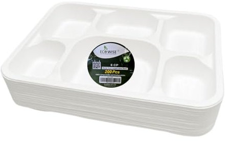 Ecowise | 6 Compartment Bagasse Food Tray - 200 Pcs | 100% Biodegradable and Compostable | Dinner | ECO Friendly | Disposable | Paper | Made from Sugarcane Fibre - by Best House
