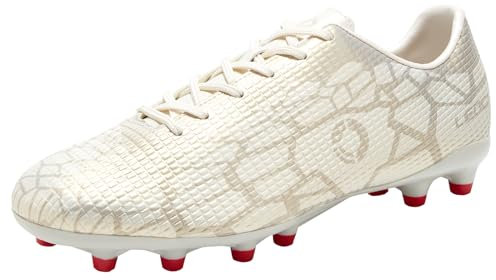 LEOCI Fußballschuhe für Herren, Rugby-Schuhe, künstlicher fester Boden, Outdoor, Komfort, Fußball-Stollen, Weiß, Creme, Rot, 39 1/3 EU