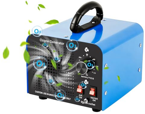 Generatore di Ozono, 32000 mg/h, Purificatore d'aria con 2 Modalità (Aria/Acqua), Ozonizzatore d'aria con Timer da 120 Min, per Stanze, Uffici, Garage, Auto, Fumo e Animali Blu