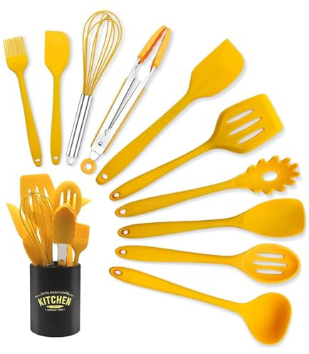Lot de 11 ustensiles de cuisine en silicone antiadhésifs - Ustensiles de cuisine résistants à la chaleur avec porte-ustensiles - Passe au lave-vaisselle - Jaune