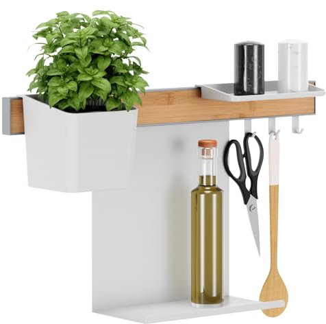 tesa Küchen-Organizer Kombi-Set S - selbstklebende Küchenleiste mit Kräutertopf, 2 Ablagen, Hakenleiste inkl. 3 Haken - Montage ohne Bohren - Bambus/Weiß