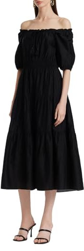 GOELIA Summer Prom Formal Dress for Women Square Neck Ruffle Tiered Maxi Flowy Dresses with Puff Sleeves, Black, M