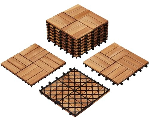 Yaheetech Carreaux de jardin en bois d'acacia 30 x 30 cm Revêtement de sol imperméable résistant aux intempéries pour extérieur, balcon, jardin, terrasse, 10 pièces