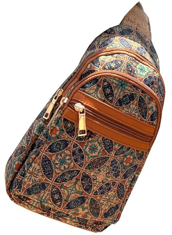 MIGURA Umhängetasche für Damen, aus Naturkork, umweltfreundlich, lässig, Vintage, wasserdicht, für Alltag, Reisen, Sport, elegant, vegan, Blumendruck, Mandalas, braun, Adaptable