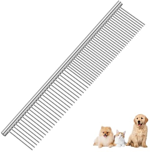 BRILLIRARE Dog Grooming Comb Pet, Stainless Steel Cat Combs with Rounded Teeth, Professional Metal Tear Stain Remover, Dematting Tool for Small, Medium & Large Pets-7.5in