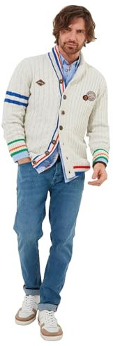 Joe Browns Men's Fashion Preppy Badge Stripe Detail Shawl-Collar Cable Knit Cardigan, Cream, Regular Fit, L