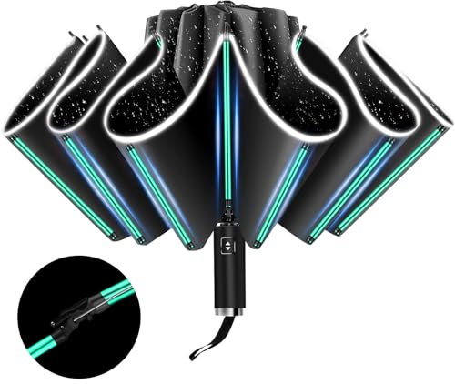 Automatisch öffnender und schließender Falt-Rückwärts-Regenschirm 10-Rippen (3+2 verstärkte Rippen) Regenschirm Knirps Groß mit Reflexstreifen, Sonnenschutz, tragbar für unterwegs und im Auto