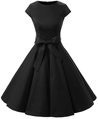 Aupuls Evening Dress Hepburn Style 50s Cap Sleeve Midi Black Wedding Guest Dresses for Women AUPUK1956LD Black S