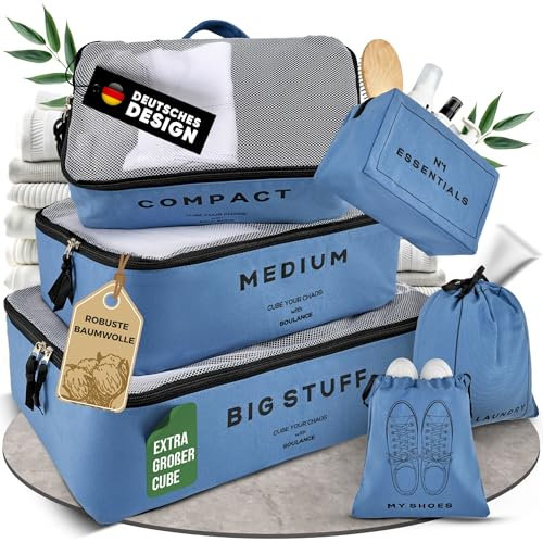 SOULANCE Packing Cubes [BAUMWOLLE] 6-teiliges Set, Koffer Organizer Set,Packwürfel,Rucksack Organizer,Backpack Organizer,Reise,Travel Essentials (Blau)