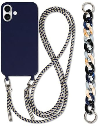 Galful iPhone 16 Case with Necklace Cord for iPhone 16 Case Adjustable Strap Lanyard Case with 2 Chain Shoulder Strap Necklace Rope TPU Silicone Slim Cover Dark Blue