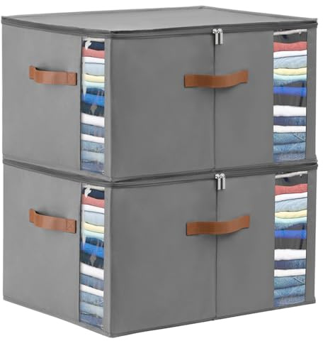 WELTRXE Clothes Storage Bag, 2 Pack 65L Foldable Wardrobe Storage Organizer with PP Panel Frame Support, Storage Boxes with Lid and Zip, Oxford Fabric Moving Bag for Clothing, Bedding, Duvet, Grey