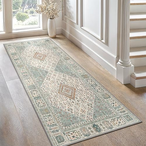 GENIMO Boho Läufer Teppich Flur 80x200cm Waschbar Vintage Teppich No-Slip Kurzflor Teppiche für Waschküche Küche, Grün