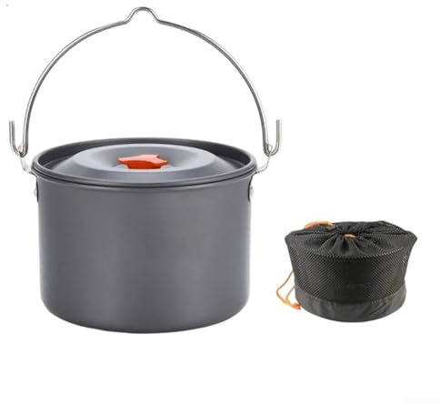 Honseadek Olla de aluminio para acampar al aire libre de 4 L, olla colgante ligera antiadherente, utensilios de cocina para 4-6 personas, picnic, senderismo, mochileros (tapa naranja)