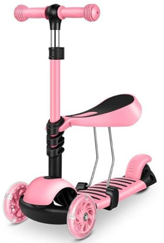 Trottinette avec siège 3 en 1, 3 roues, plateau antidérapant LED, trottinette tricycle réglable en hauteur, trottinette pour enfants de 18 mois à 8 ans (rose)