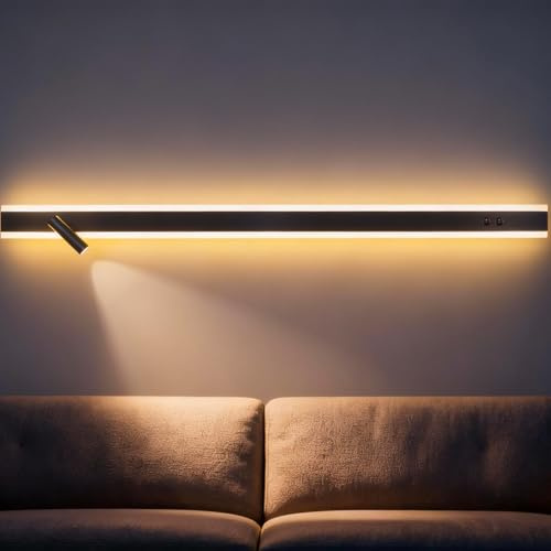 niuniaj 25W LED Wandleuchte Innen mit Schalter und Verstellbare Leselampe,3 Farben,120CM Moderne Schwarz Wandlampe innen für Schlafzimmer Korridor Wohnzimmer Büro Treppe Bett Küche Hotels