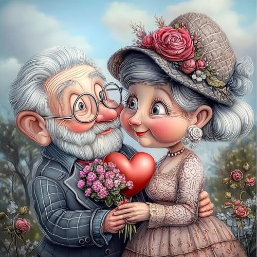 NEWENMO 5D Couple Âgé Diamond Painting Set,DIY Bel Amour Peinture Diamant pour Adultes,Bricolage Fleurs Diamond Art Kits,Diamant Painting Kit Complet,pour Adulte Débutant Maison Décoration (30x30cm)